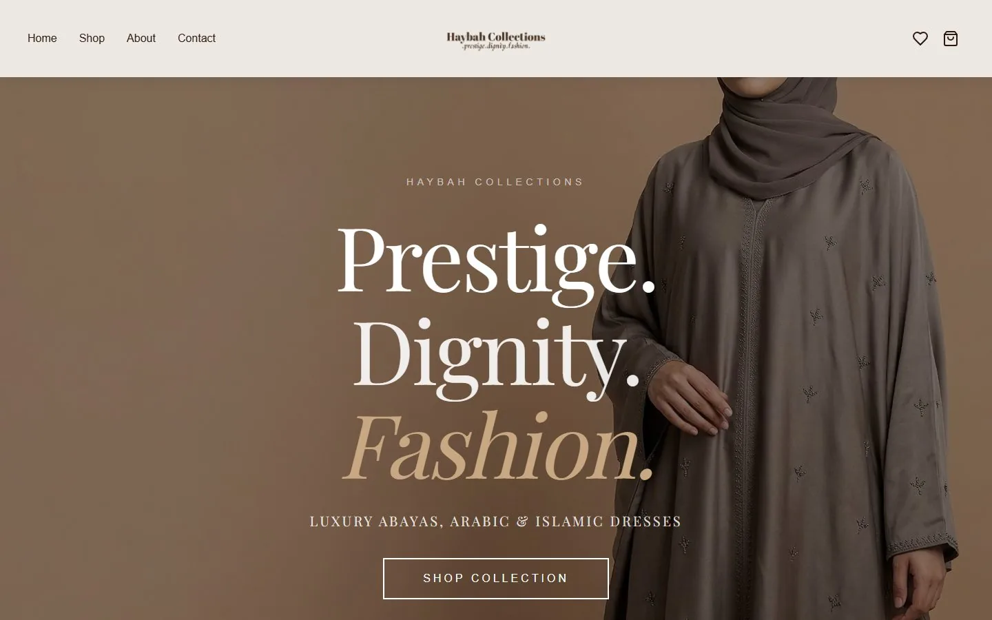 Haybah Collections homepage, showing the brand line 'Prestige. Dignity. Fashion.' over the luxury abaya collection.