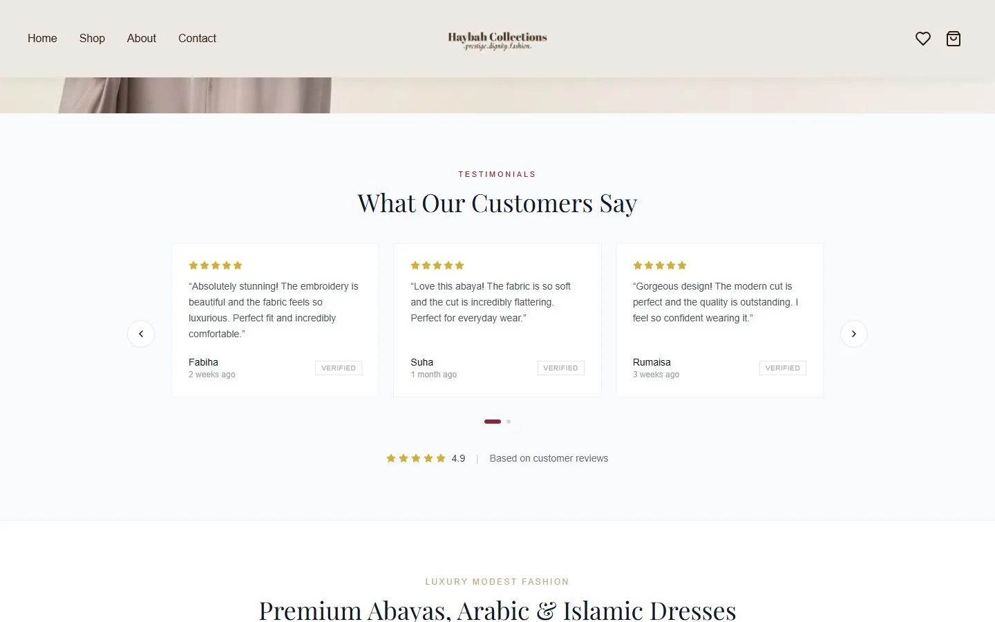 Further sections of the Haybah Collections storefront on desktop.