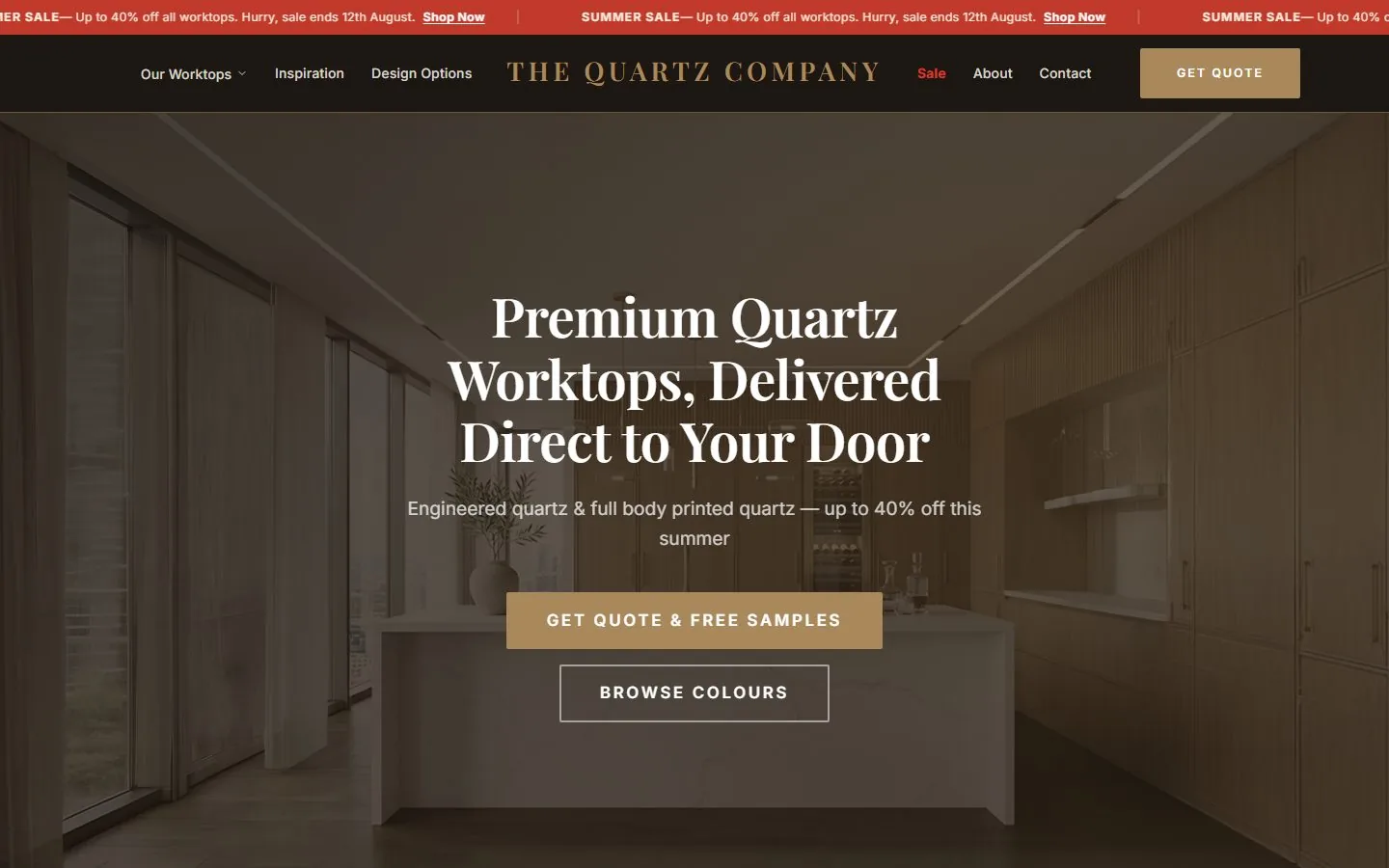 The Quartz Company homepage, showing the quartz worktop range with quote and free sample calls to action.